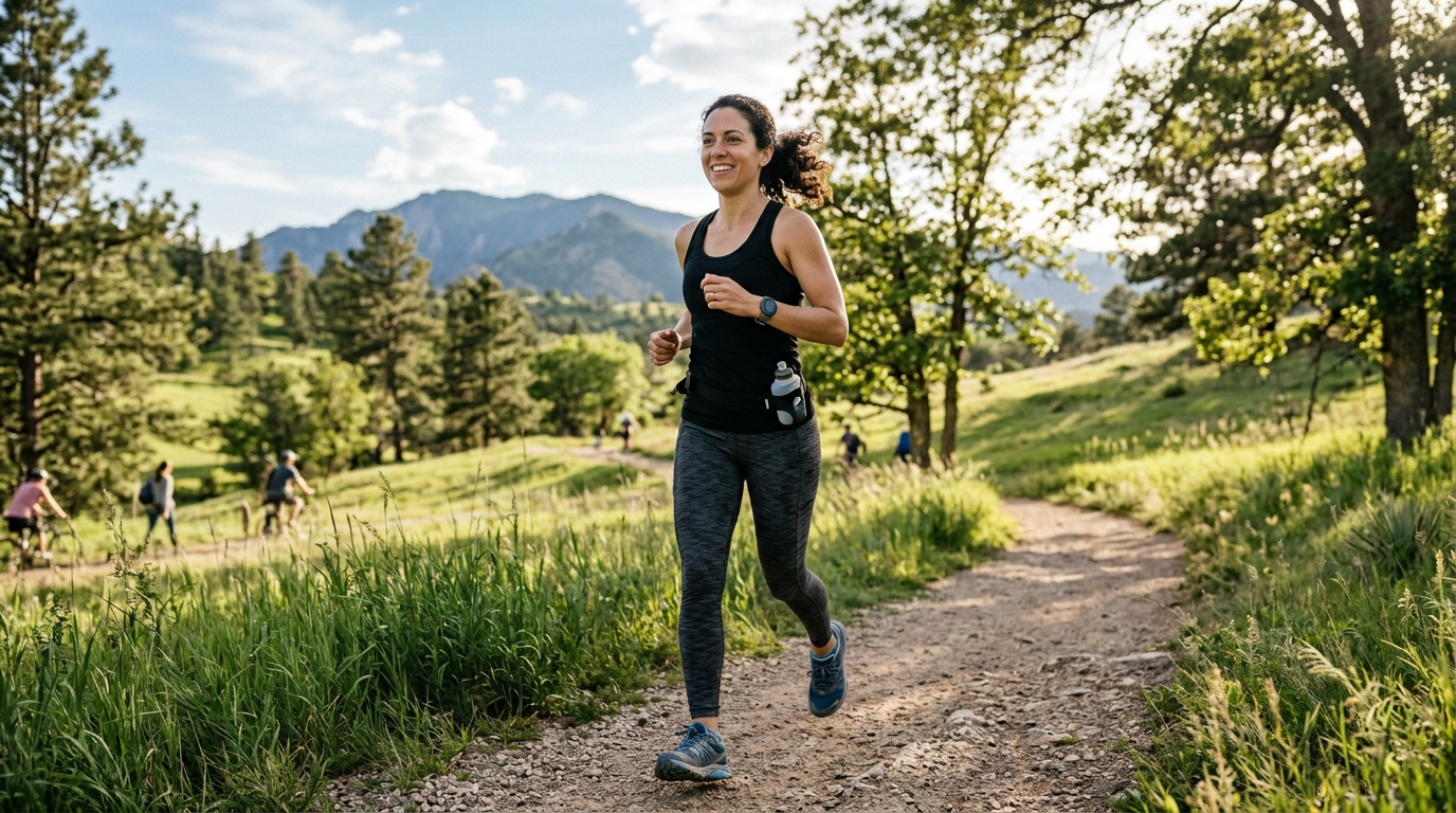Žena cvičí vonku v prírode – aktívny wellness životný štýl